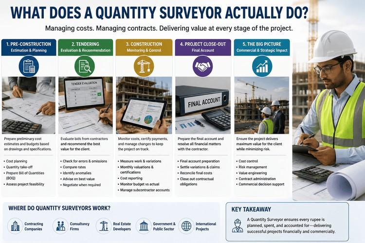 Infographic showing the roles and responsibilities of a quantity surveyor during pre-construction, tendering, construction, and project close-out stages in civil engineering projects.