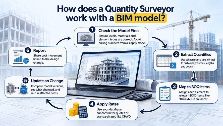 How a quantity surveyor works with a BIM model through six steps: checking model accuracy, extracting quantities, mapping BOQ items, applying rates, updating design changes, and reporting cost variations.