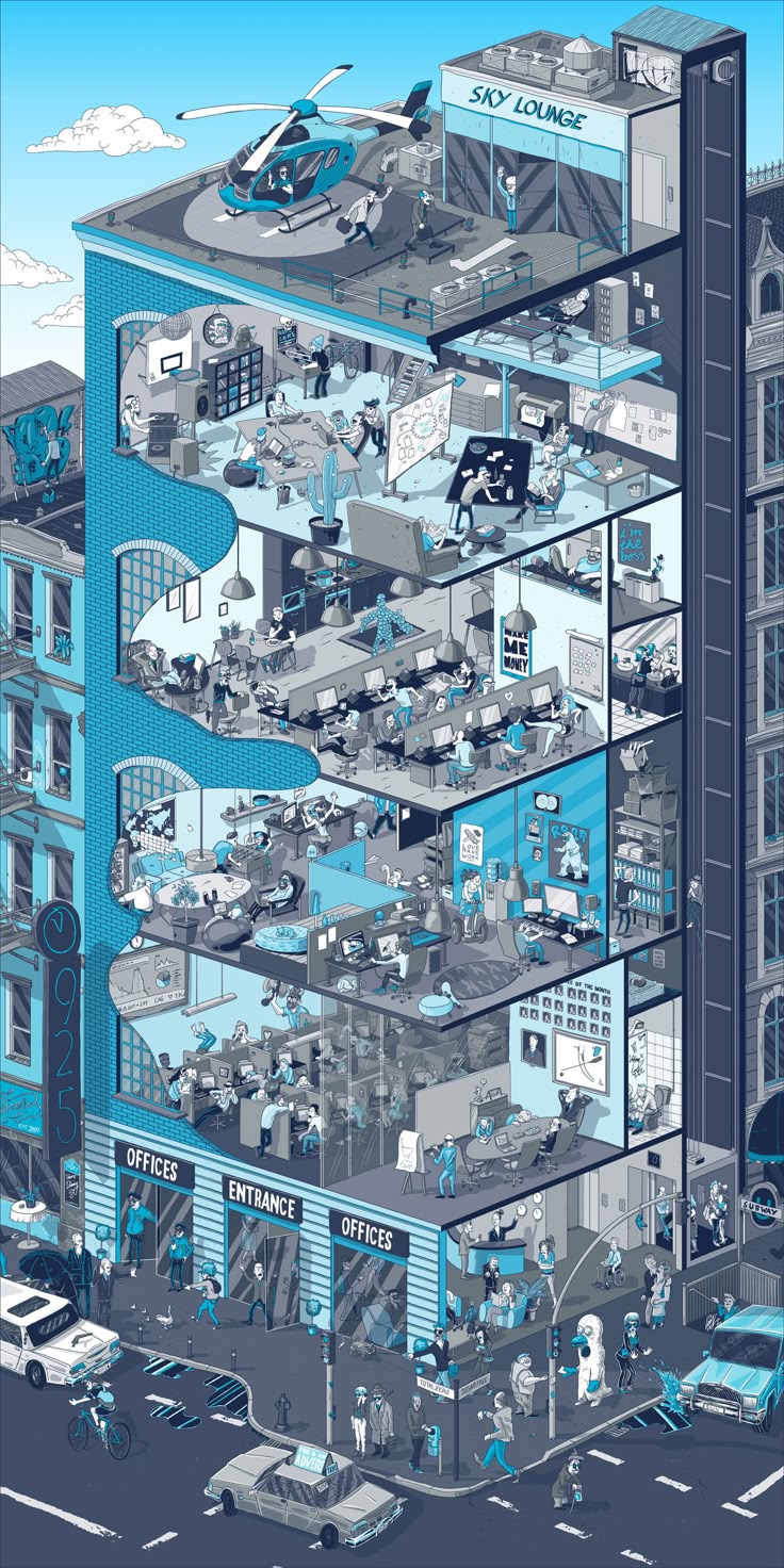 An illustration of a bustling office building serves as architectural inspiration, showcasing different departments on each floor. People engage in activities from meetings to casual conversations, while a helicopter rests on the rooftop labeled Sky Lounge, perfect for Pinterest boards.