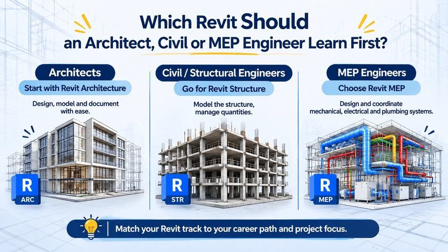 Infographic comparing Revit Architecture, Revit Structure, and Revit MEP, highlighting which Revit discipline architects, civil engineers, and MEP engineers should learn first.