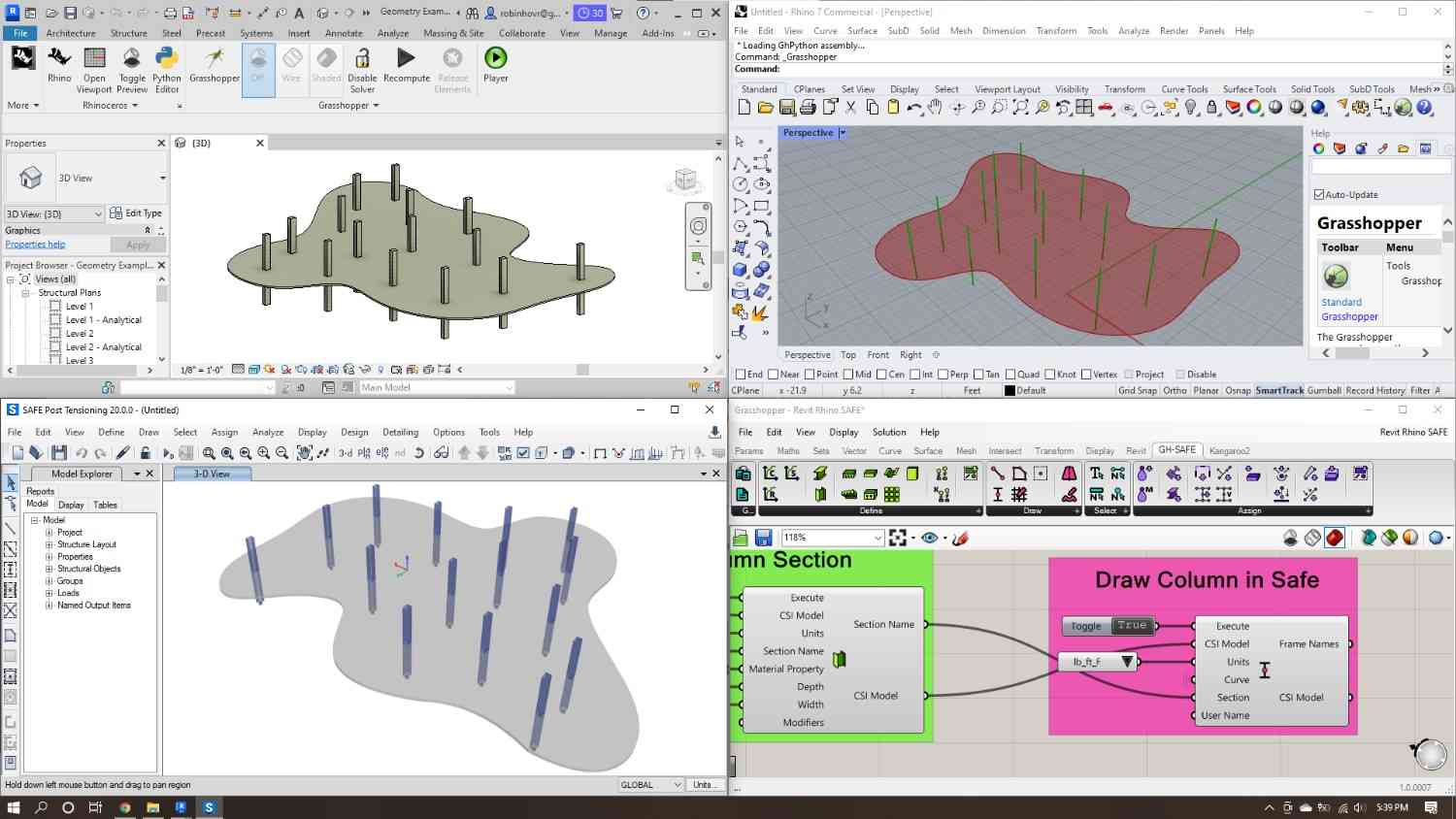 Workflow integration of Revit, Rhino, Grasshopper, and SAFE showing parametric modeling and automated structural column placement