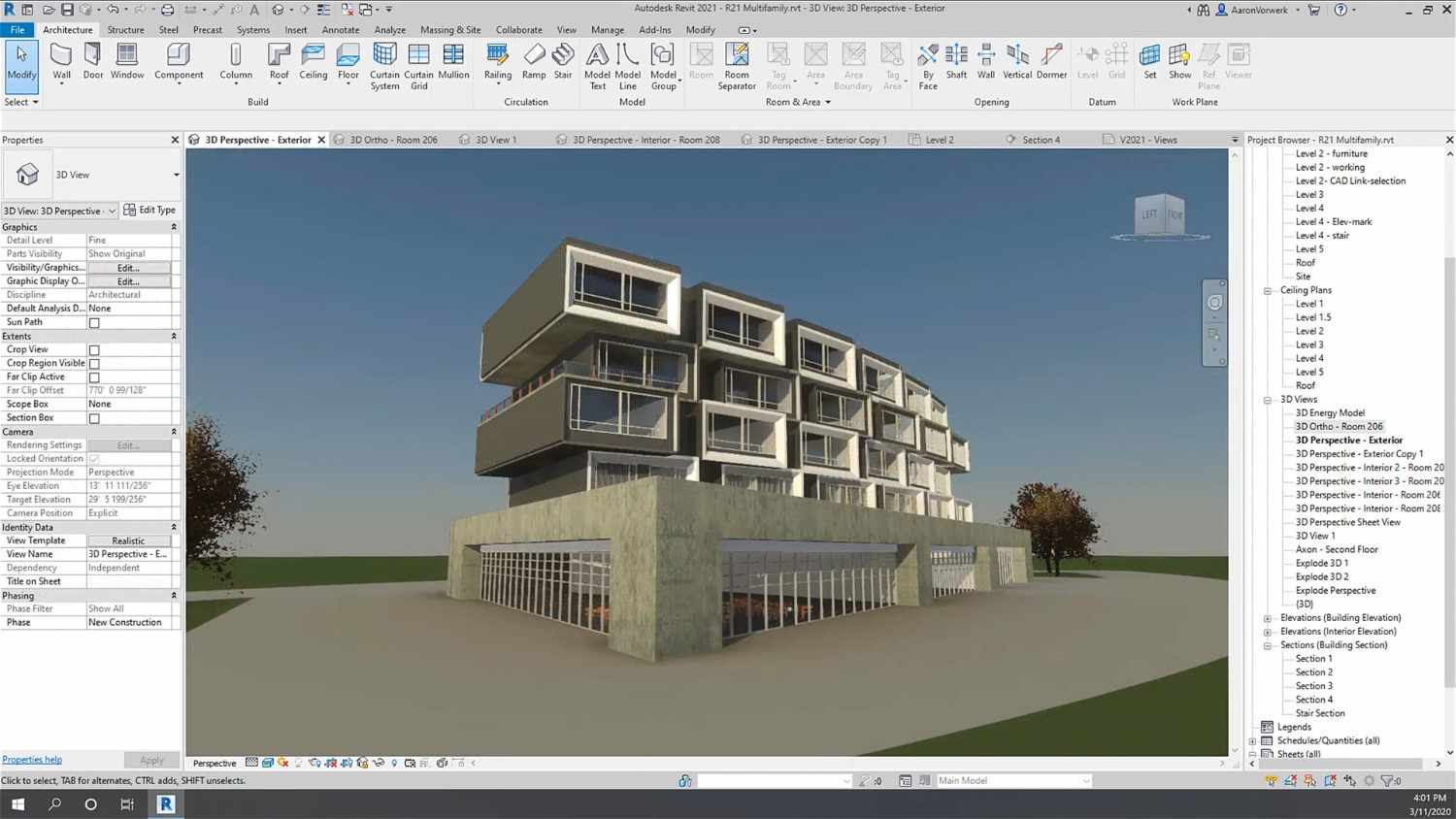 3D BIM model in Autodesk Revit showing modern multi-story residential building design with detailed exterior visualization.