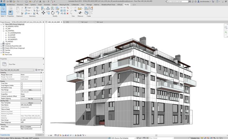A computer-aided design of a modern, multi-story building in Revit features large windows, balconies, and a flat roof. The interface displays various BIM tools and property settings on the left and top panels, perfect for showcasing an architecture portfolio.