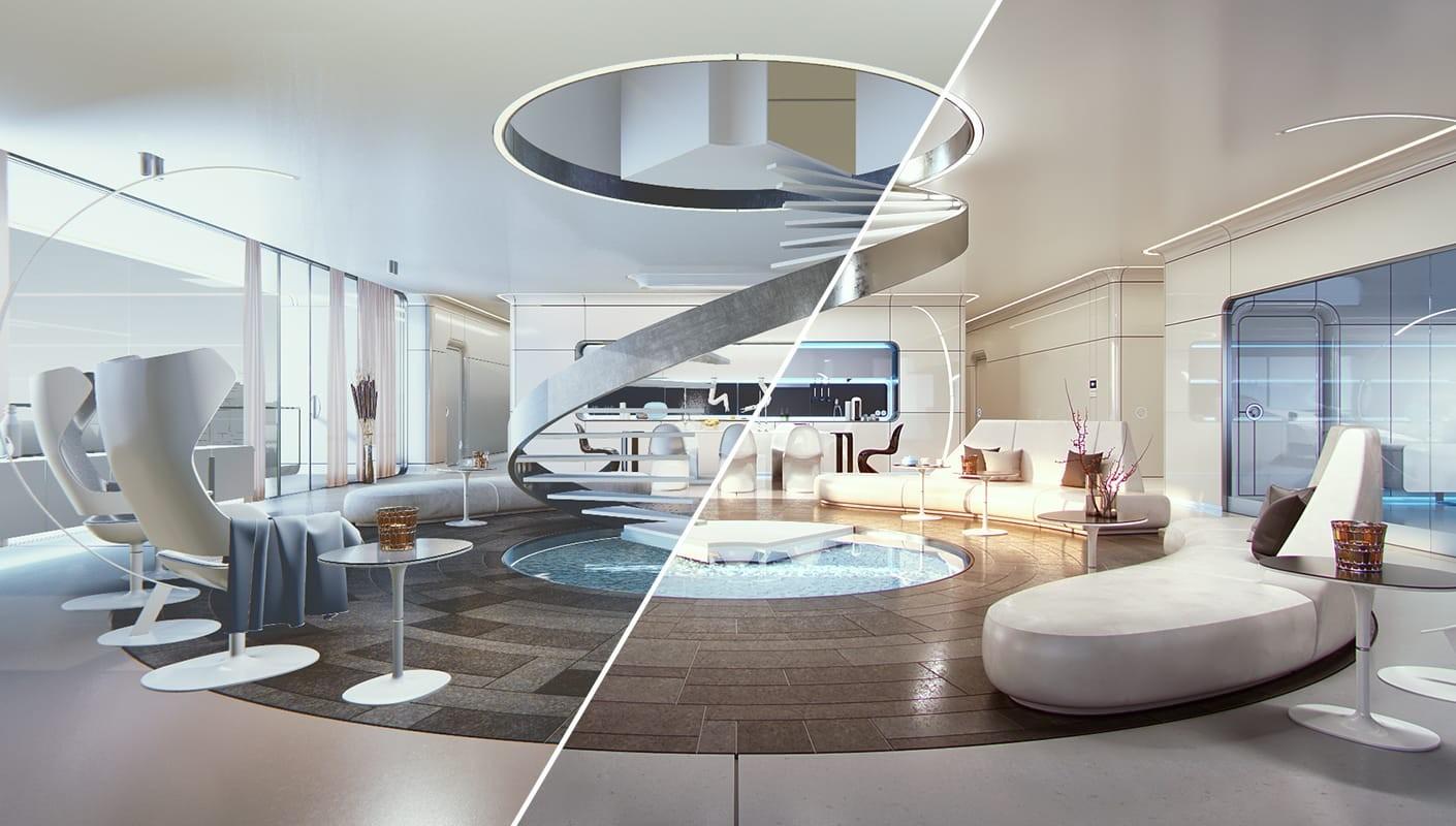 A modern, stylish interior boasts Rhino architecture with a central spiral staircase and circular seating area. The sleek white furniture and futuristic lighting are enhanced by V-Ray realistic rendering, while large windows fill the space with a bright, spacious ambiance.