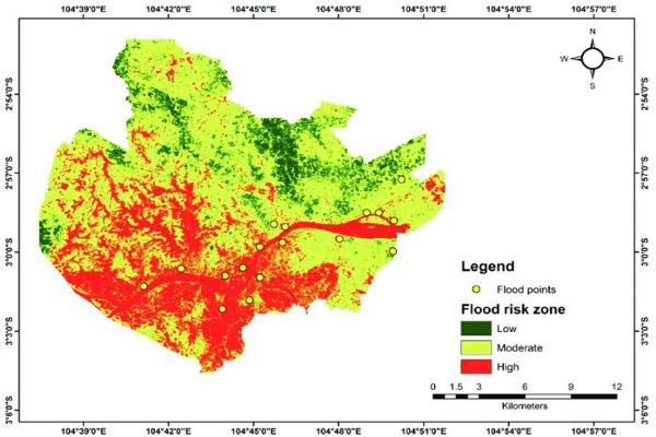 GIS spatial analysis showing flood zones and underground utilities for infrastructure planning.