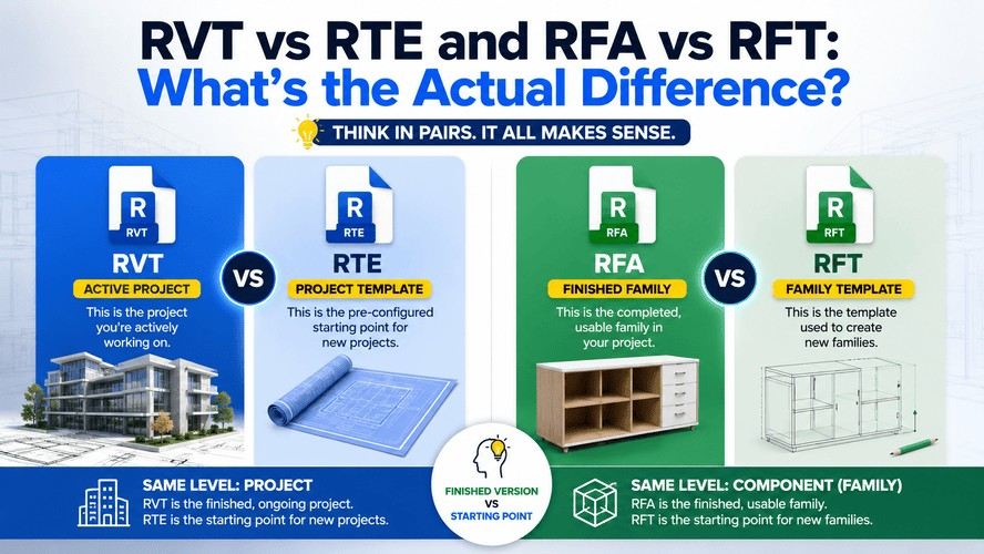 RVT vs RTE and RFA vs RFT comparison showing project files, templates, and family file differences in Revit.