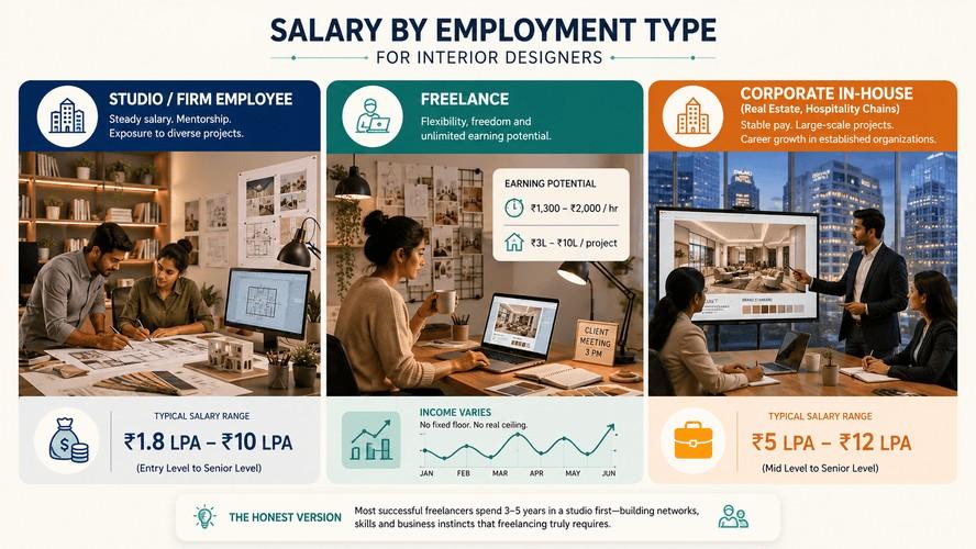 Comparison infographic showing interior designer salary by employment type: studio/firm employee, freelance, and corporate in-house, with typical salary ranges, earning models, and workplace illustrations.