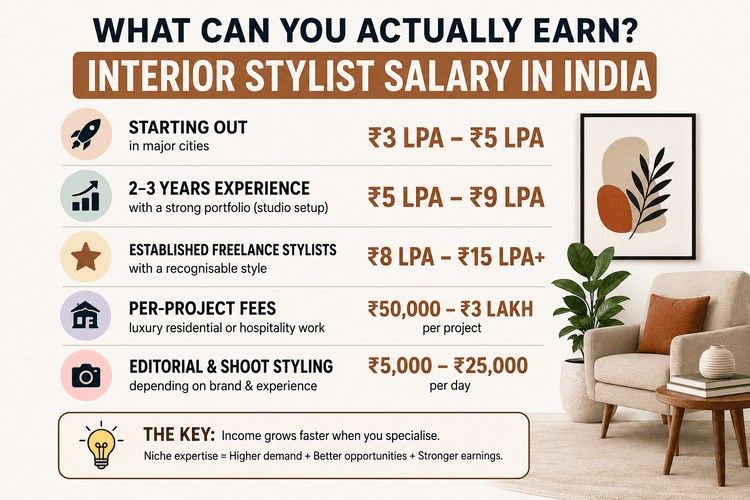 Interior stylist salary infographic showing earnings by experience level, project fees, and specialization benefits.