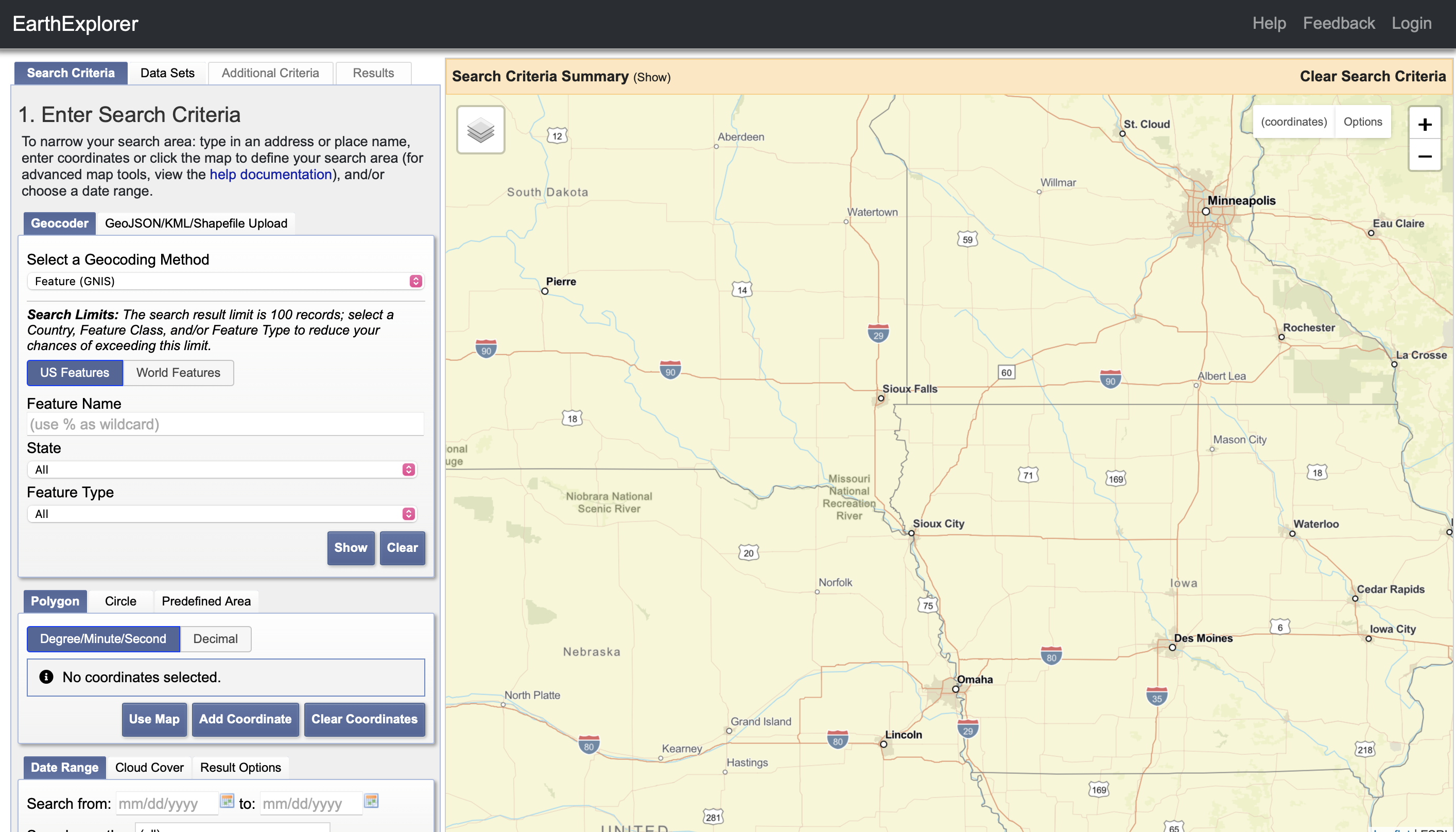 USGS EarthExplorer interface displaying SRTM DEM data for generating contour maps.