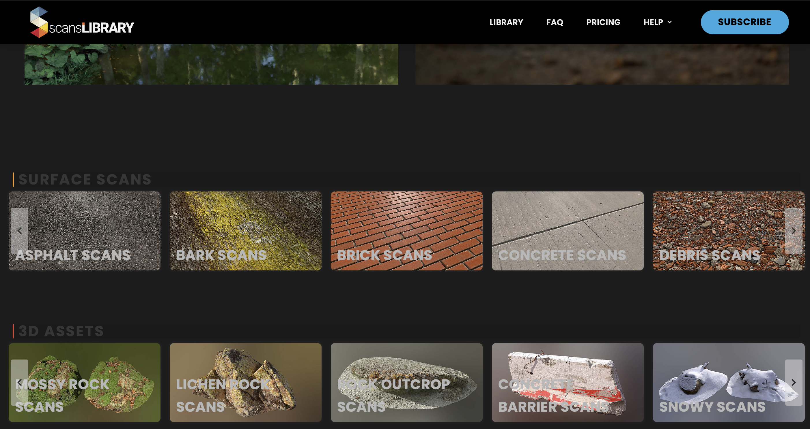 Scans Library interface showing 3D scanned materials like stone, wood, and concrete textures