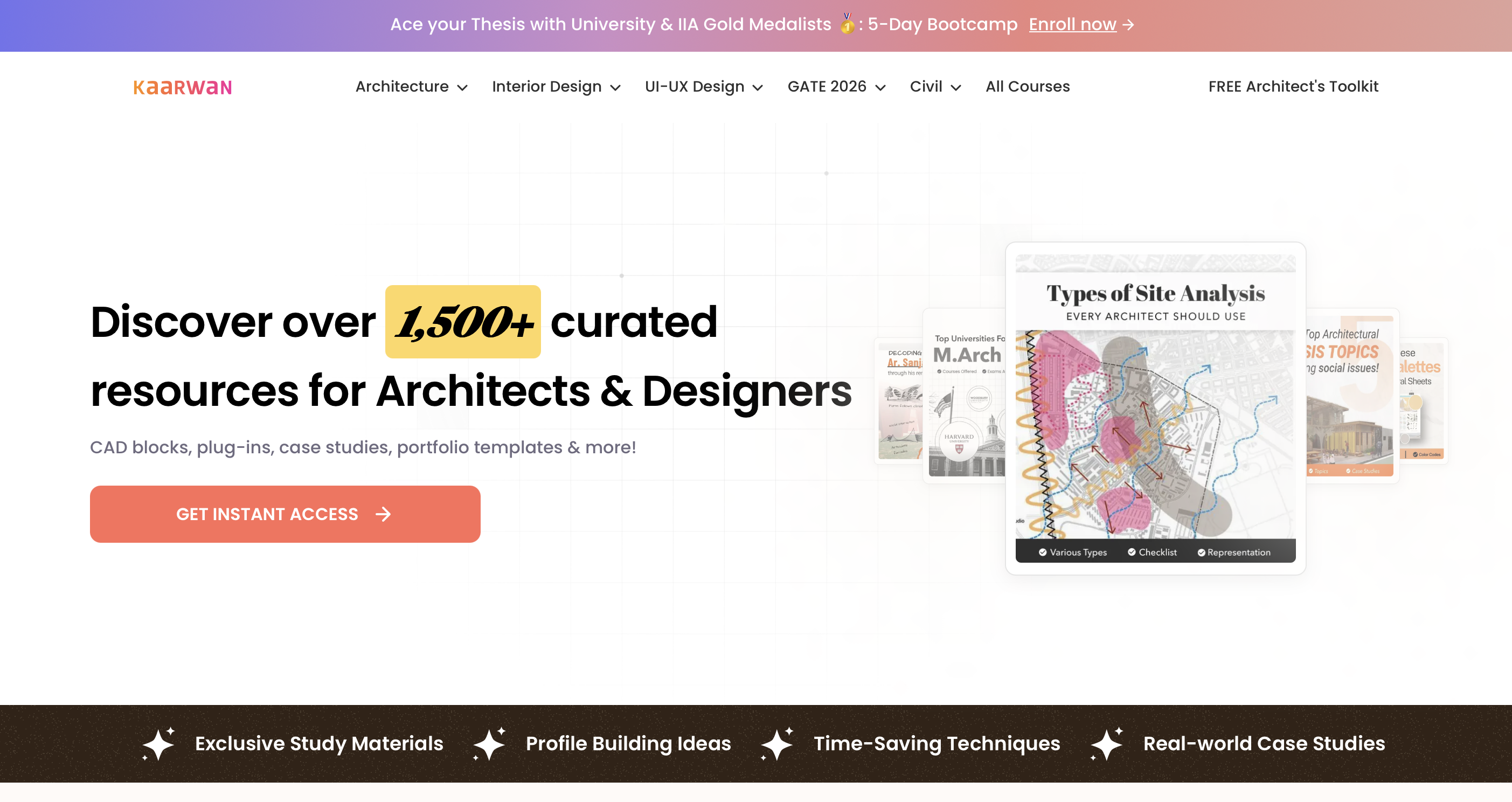 Kaarwan website showing downloadable architecture templates, guides, and skill-building resources