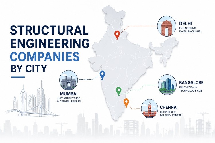 Infographic map of India highlighting major structural engineering hubs including Bangalore, Mumbai, Chennai, and Delhi with city markers, skyline illustrations, and engineering-themed visuals.