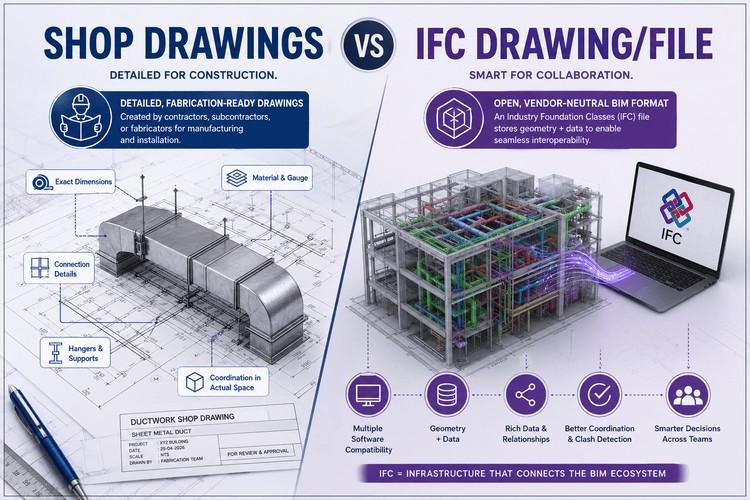 Infographic comparing shop drawings and IFC files, highlighting fabrication details, BIM interoperability, data exchange, and construction coordination workflows.