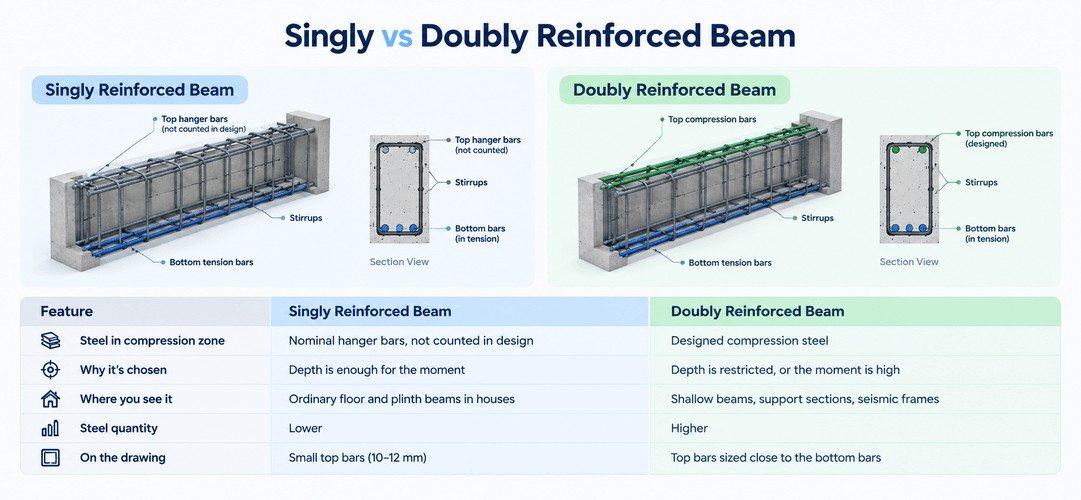 Singly vs doubly reinforced beam: Infographic comparing RCC beam reinforcement, steel bars, stirrups, and key differences