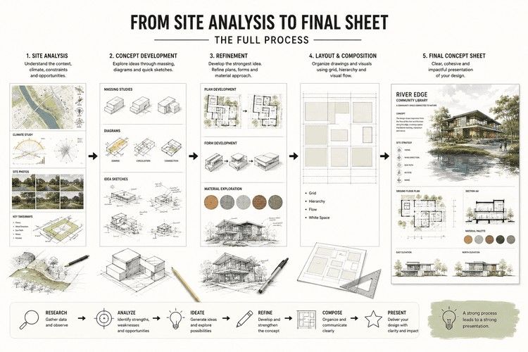 Architectural workflow infographic showing the process from site analysis and concept development to refinement, layout, and final presentation sheet.