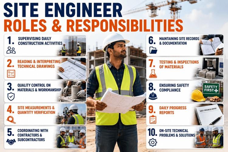Site engineer roles and responsibilities infographic with construction site visuals and bold task headings.
