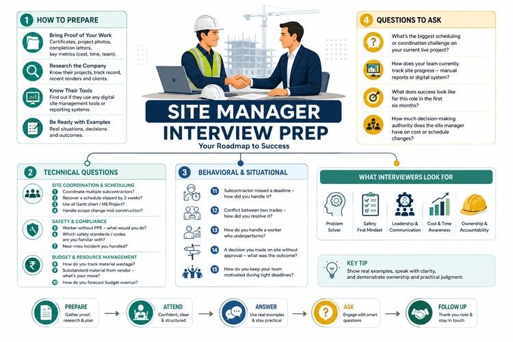 Site manager interview preparation infographic covering technical, behavioral, safety, and scheduling questions