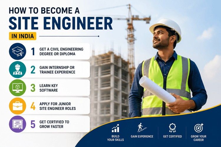 Infographic showing steps to become a site engineer in India with a civil engineer at a construction site and career roadmap including degree, internship, software skills, job application, and certification.