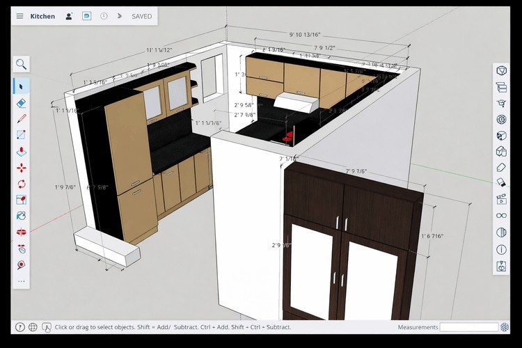 SketchUp 3D model of an L-shaped kitchen with cabinets and measurement dimensions visible.