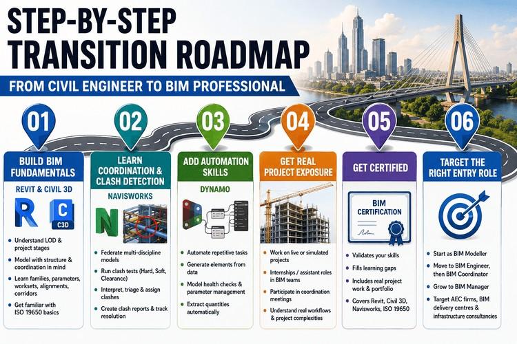 Roadmap infographic showing six steps for civil engineers transitioning to BIM careers, covering Revit, Navisworks, Dynamo, certification, project experience, and career growth.