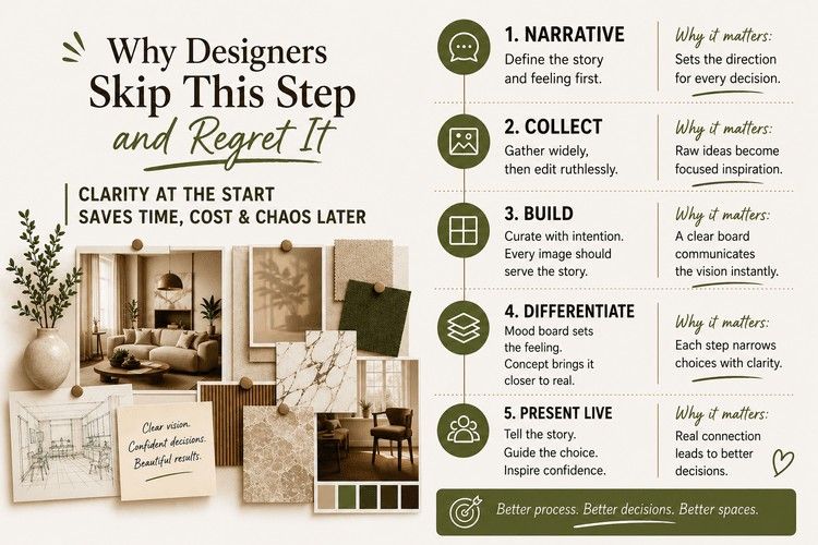 Interior design mood board infographic explaining why designers should never skip planning.