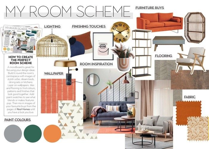Interior design mood board displaying furniture, lighting, wallpaper, fabric swatches and paint colours for room concept storytelling