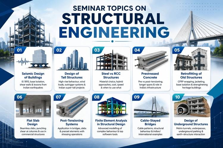 Modern structural engineering infographic featuring seminar topics like seismic design, tall structures, prestressed concrete, FEA, cable-stayed bridges, and underground structures with construction-themed visuals and futuristic infrastructure background.
