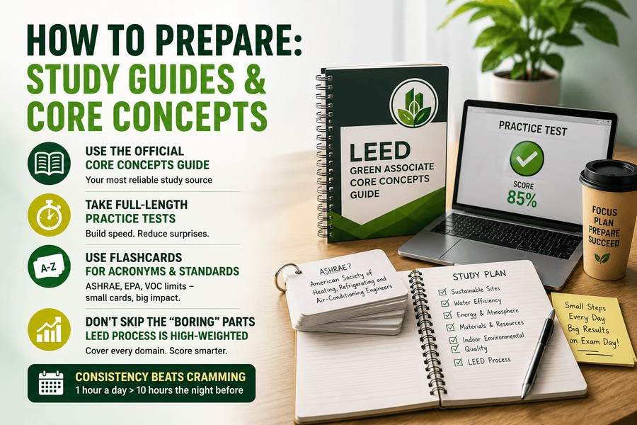 LEED Green Associate exam preparation with study guides, practice tests, flashcards, and a structured study plan.
