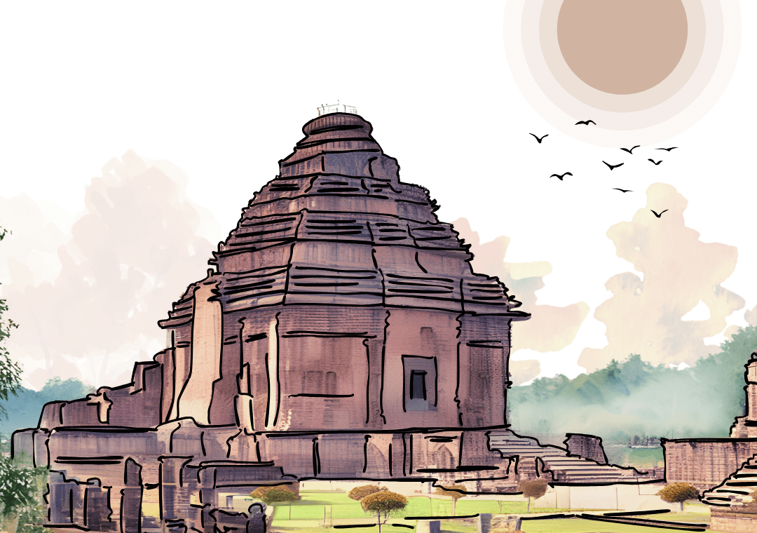 Konark Sun Temple sketch showing chariot form and Kalinga Nagara architectural style, Orissa