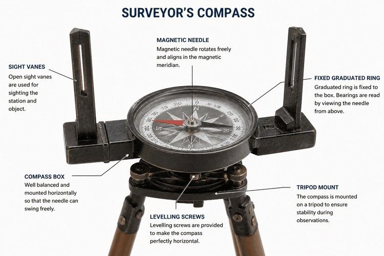 Surveyor’s compass with sight vanes, magnetic needle, fixed ring, and tripod mount used for quadrantal bearing measurement