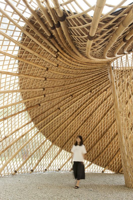 A person in a white shirt and black pants stands inside a large, spiraling bamboo structure. The intricate architectural design features tightly woven bamboo in a twisting pattern. Projects like this make use of Grasshopper plugins like Fattener and Lunchbox.