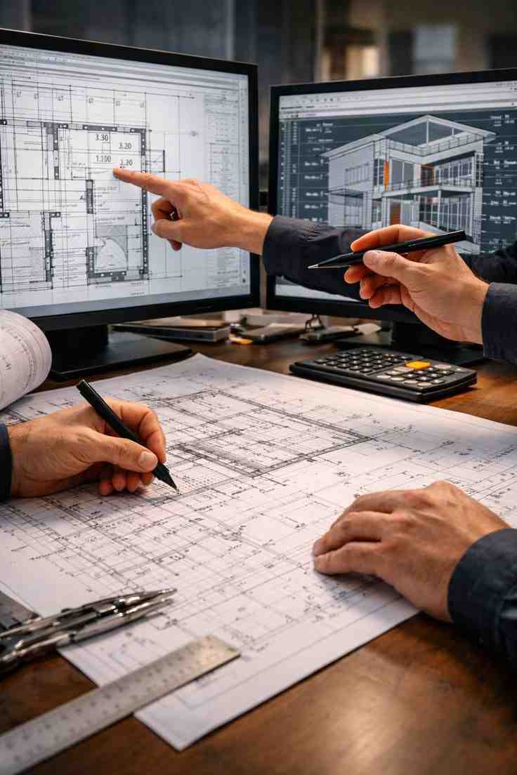 Architect discussing building design with client and engineers.*