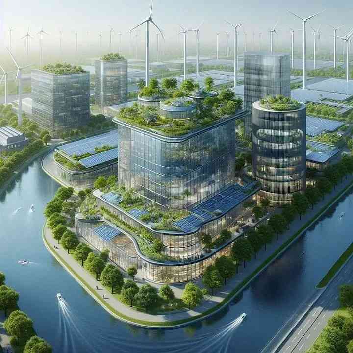 Sustainable building design with green roofs and solar panels integrated into architecture.*