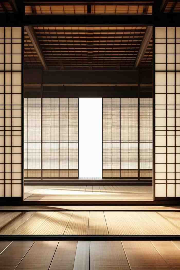 Shoji sliding panels diffusing natural daylight in Japanese house.*