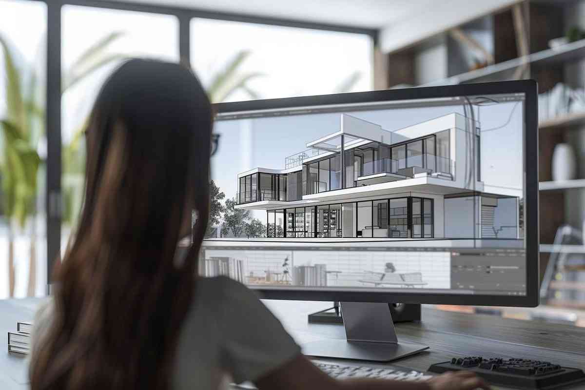 Architect working with AI-generated architectural design concepts on computer.*