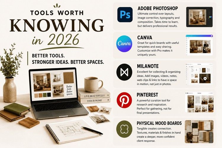 Design tools infographic featuring Photoshop, Canva, Milanote, Pinterest, and mood boards.