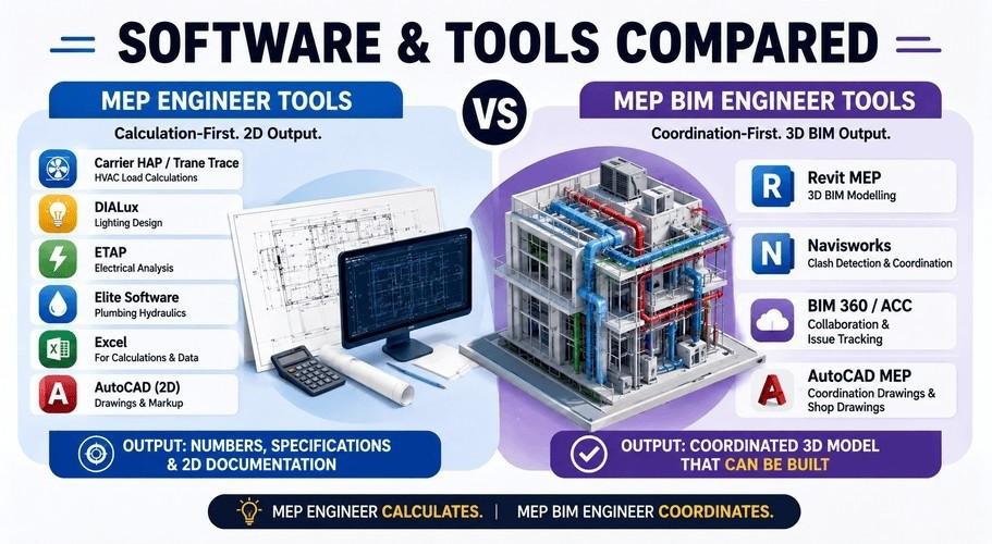 MEP Engineer vs MEP BIM Engineer software comparison highlighting design calculation tools and BIM coordination platforms.