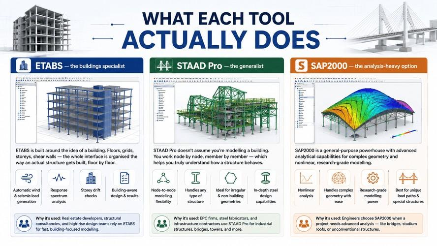 Comparison of ETABS, STAAD Pro, and SAP2000 showing their primary structural engineering applications.