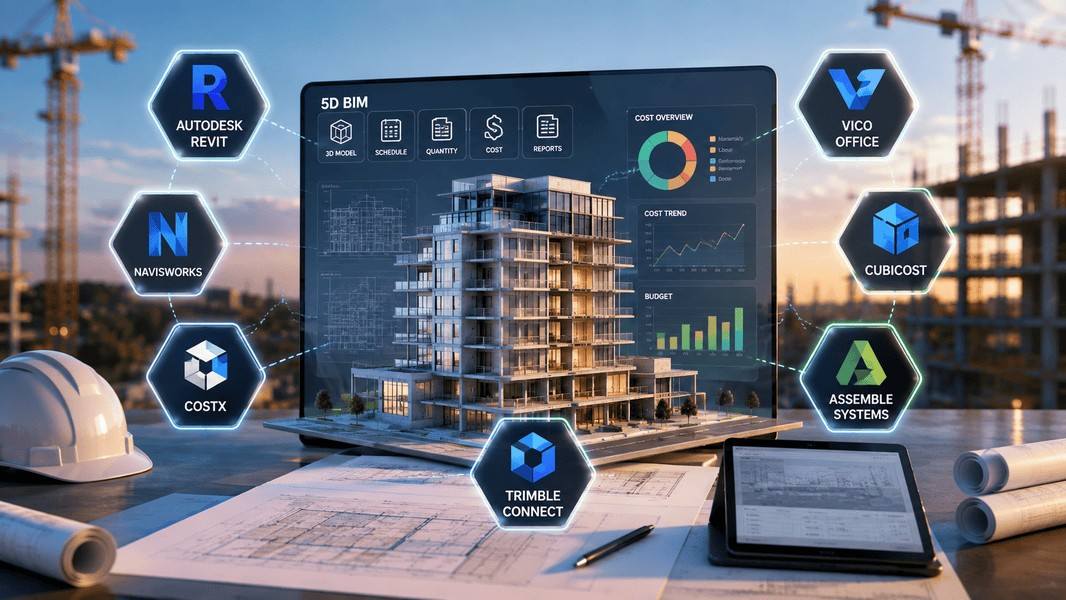 5D BIM software tools connecting building models, cost estimation, quantity takeoff, scheduling, and project coordination.