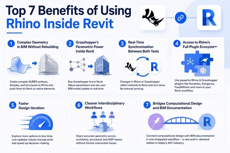 Top 7 benefits of Rhino Inside Revit infographic highlighting Grasshopper integration, BIM workflows, live synchronisation, and design automation.