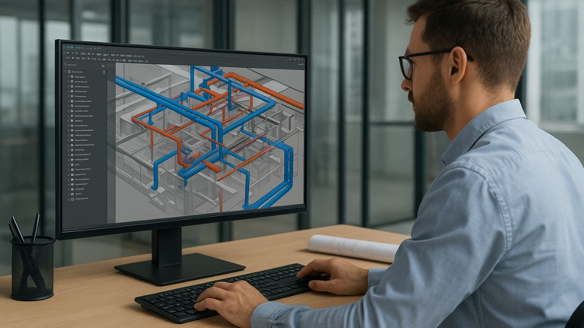 Architect using BIM software with AI features to coordinate structure, MEP, and design efficiently