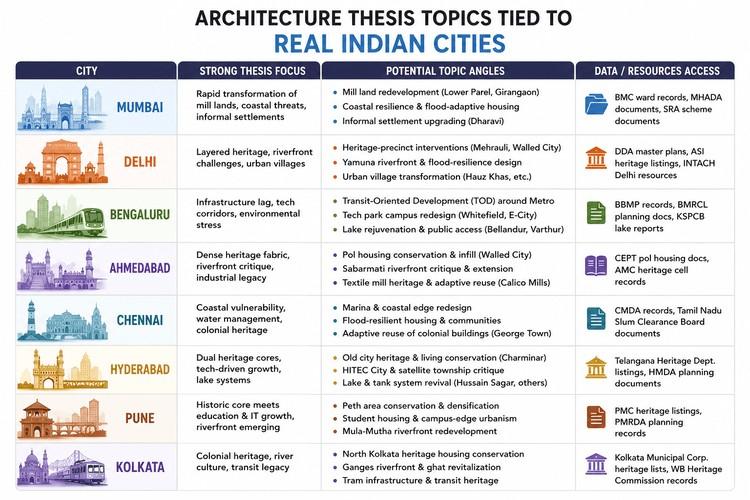Infographic table comparing architecture thesis topics across major Indian cities, highlighting key research themes, project ideas, and available planning resources for Mumbai, Delhi, Bengaluru, Ahmedabad, Chennai, Hyderabad, Pune, and Kolkata.