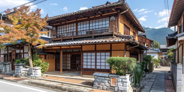 A traditional Japanese wooden house surrounded by greenery, built with cedar and cypress