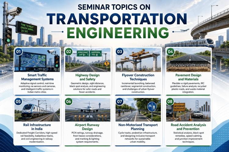 Modern transportation engineering infographic featuring seminar topics like smart traffic systems, highway design, flyover construction, rail infrastructure, airport runway design, and road safety with urban transport-themed visuals.