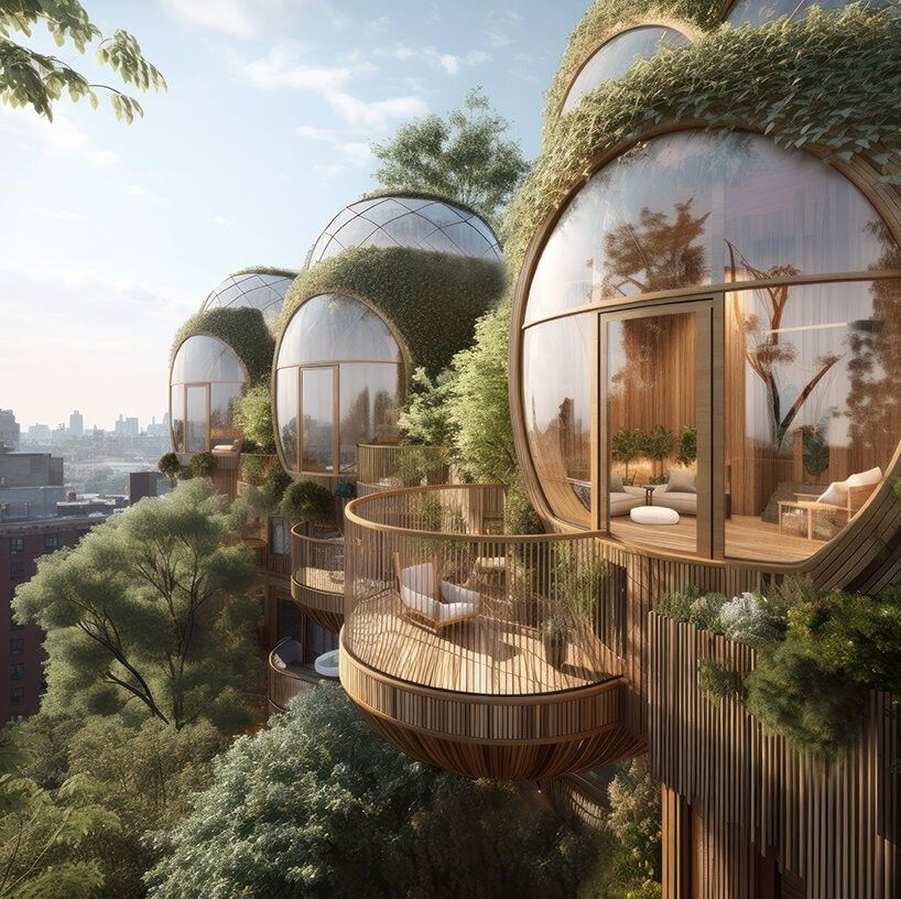A futuristic apartment complex features bubble-like pods with large round windows and balconies surrounded by lush greenery. Each pod, designed using Grasshopper, has a circular wooden deck overlooking a cityscape. The architecture blends nature and urban living, creating a sustainable and serene environment.
