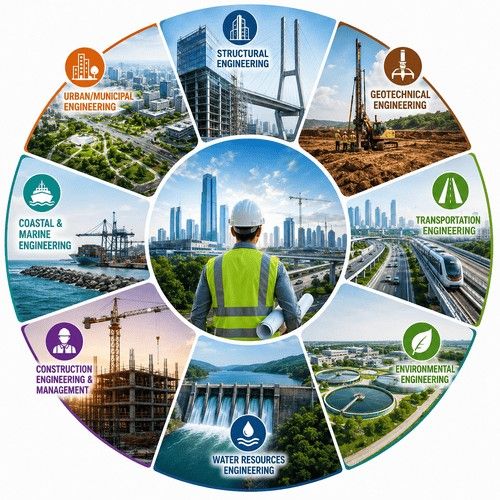 Infographic showing major civil engineering fields including structural, transportation, geotechnical, environmental, water resources, and construction engineering.
