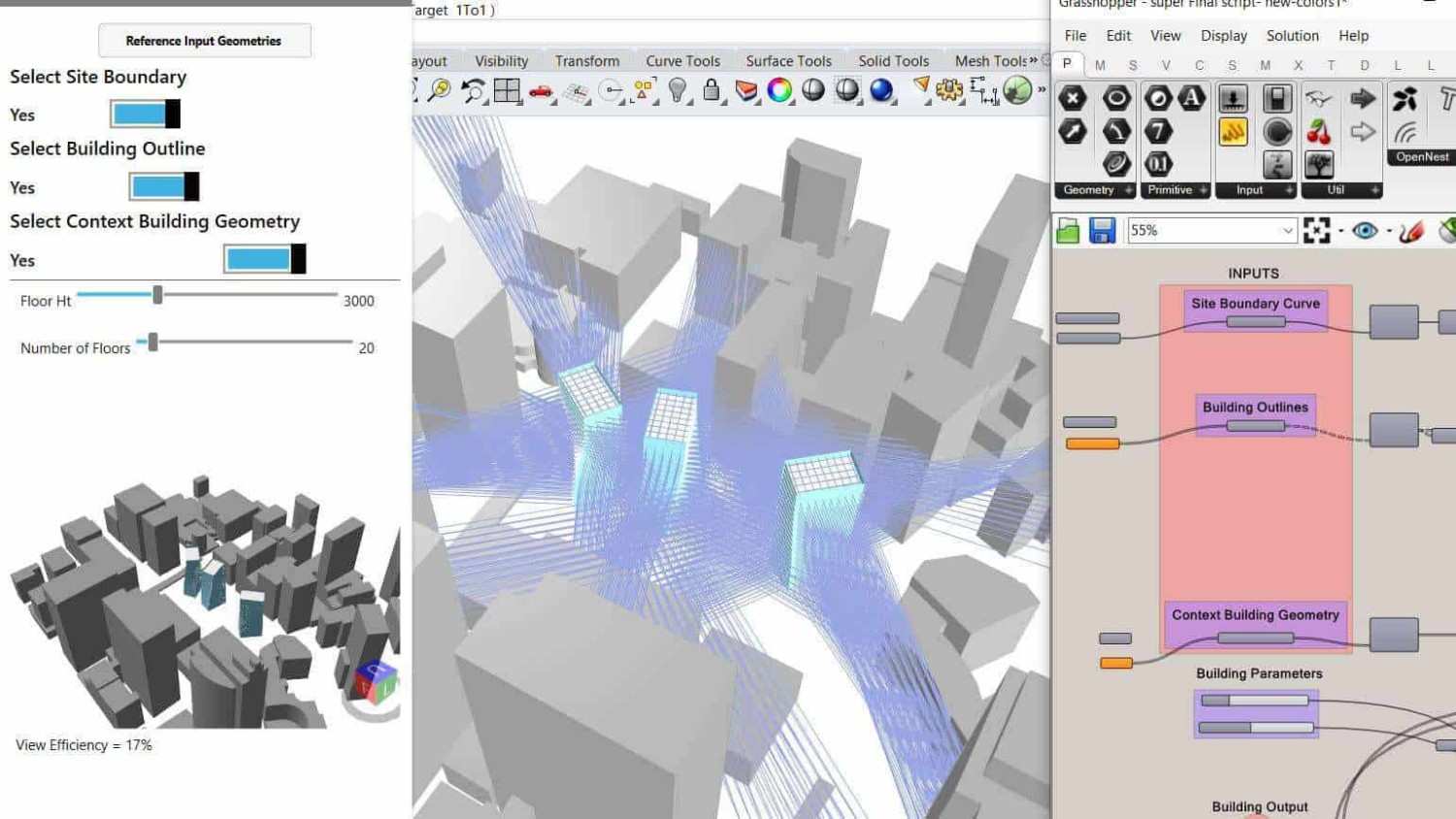 Urban form optimization using Grasshopper and Rhino, showing 3D building context, parametric inputs, and view efficiency analysis