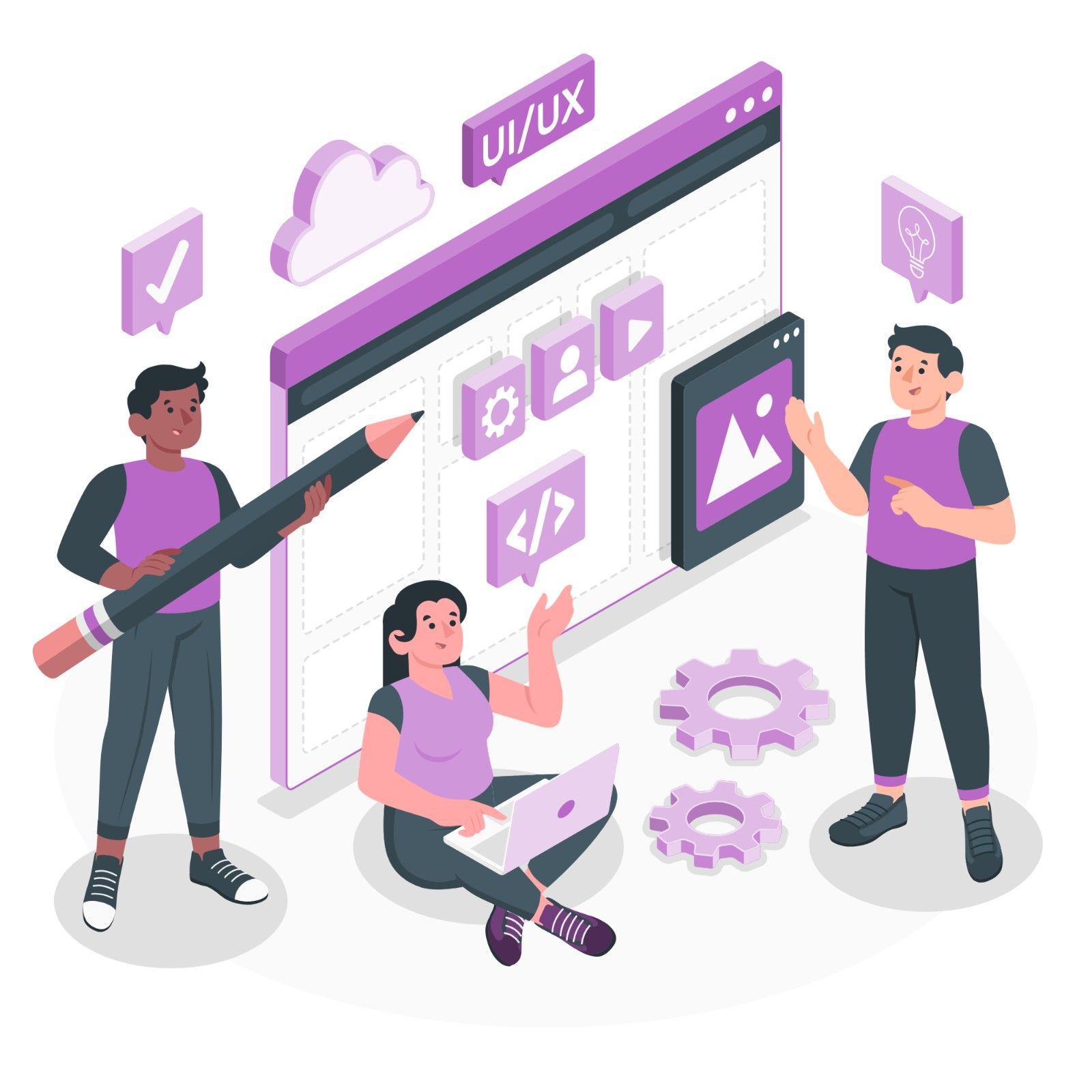Illustration of three people collaborating seamlessly on a UI-UX project.