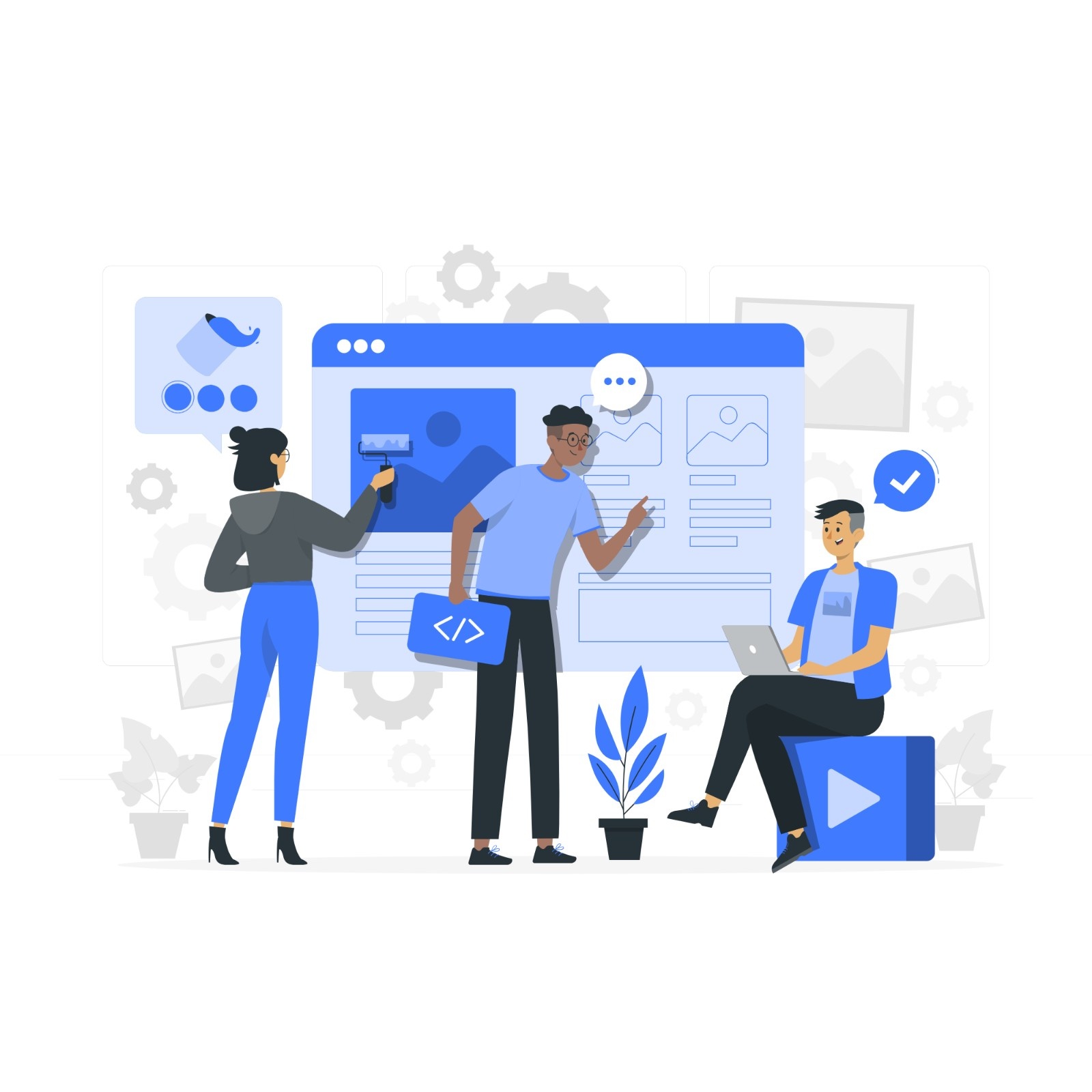 Illustration of three people collaborating on the UI-UX design interface of a web design project. 