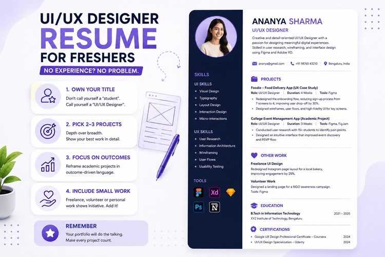 UI/UX designer fresher resume with project examples, skills, tools, education, certifications, and tips for showcasing experience.